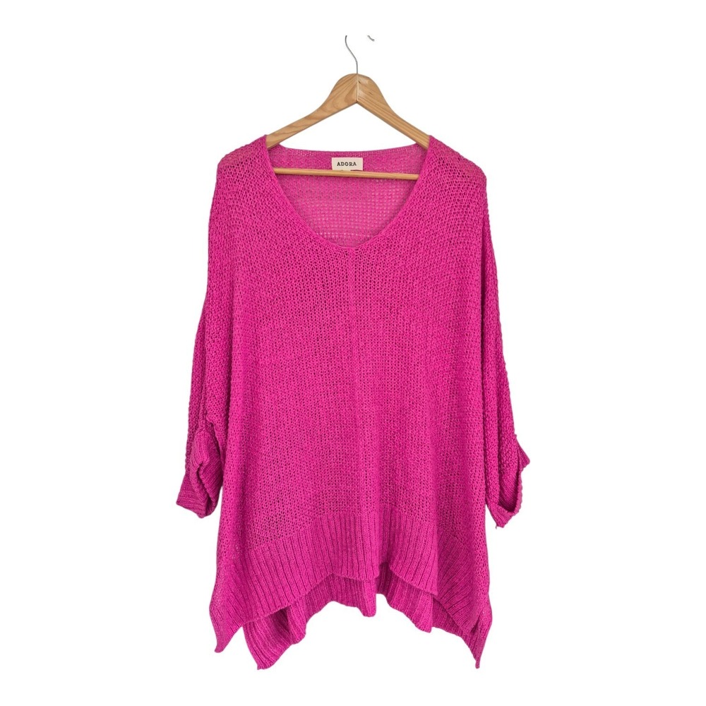 ADORA 2X/3X Pink Open Knit Oversized Sweater Lagenlook Boho Asymmetrical Tunic